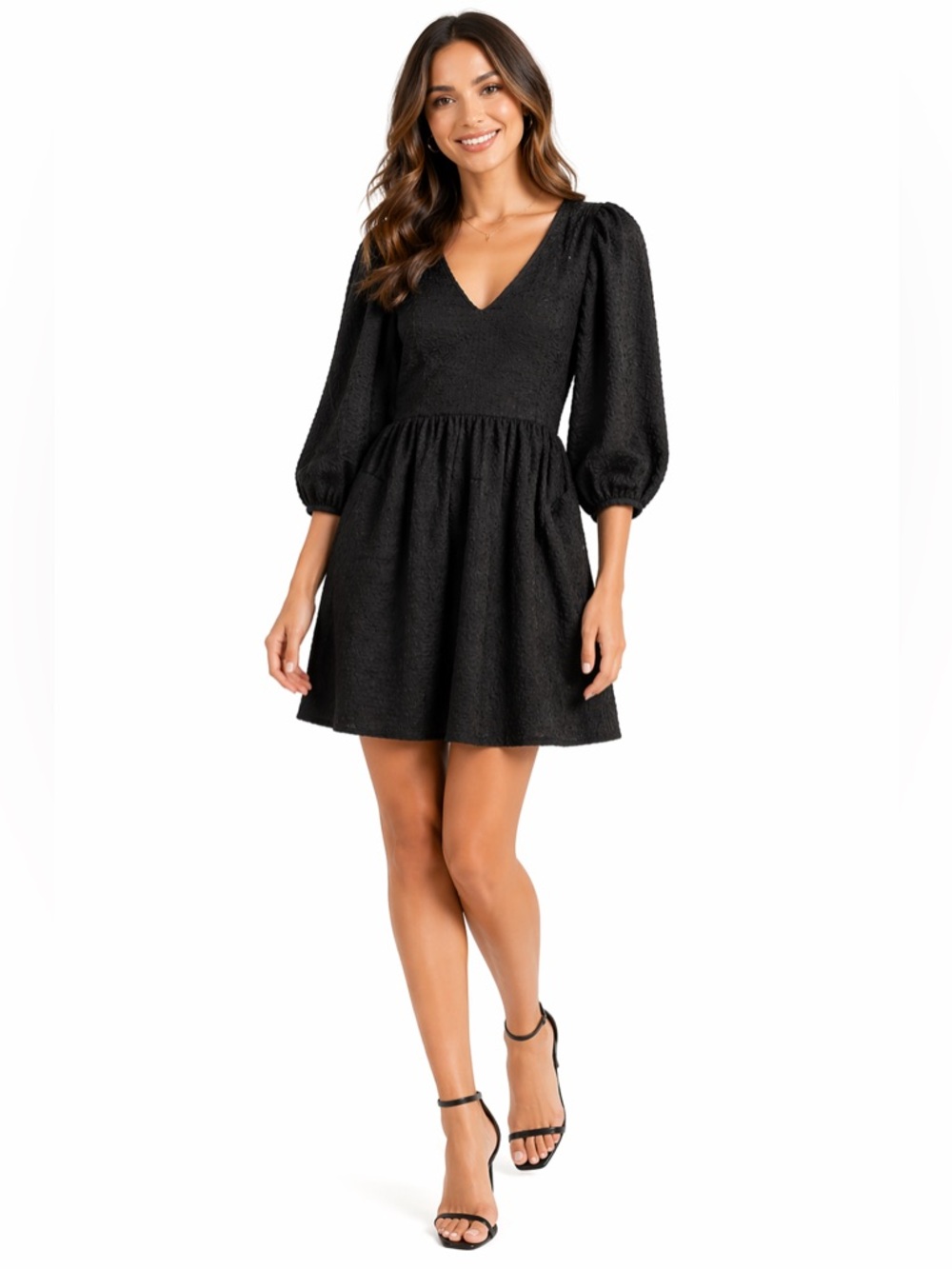 EUC Ophelia Roe Size Medium Elegant Black Textured Babydoll Dress‎ with Pockets